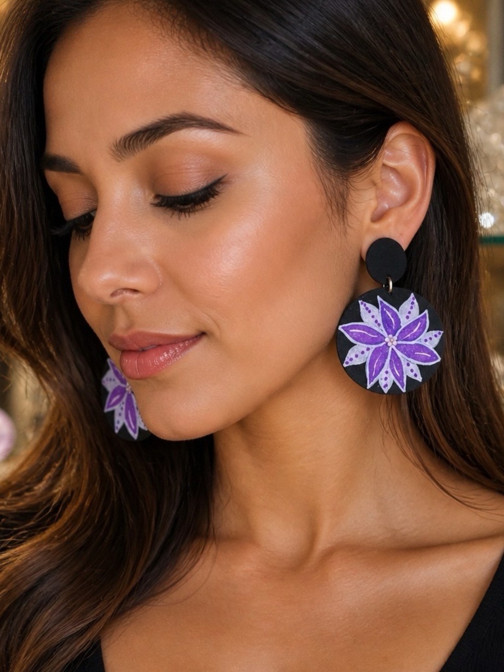 Chic Fashion Hand Painted Round Wooden Earrings Purple And Black